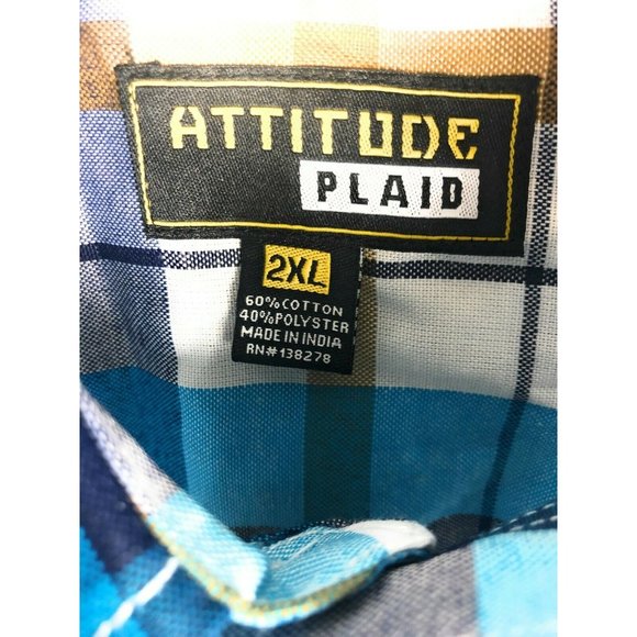 Attitude Button Up Shirt Mens 2XL XXL White Blue Long Sleeve Plaid Pockets A31 - Picture 3 of 4
